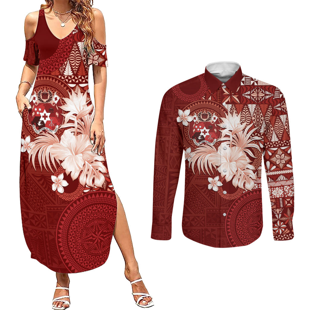 Tonga Ngatu Motifs Couples Matching Summer Maxi Dress and Long Sleeve Button Shirt With Coat Of Arms Red