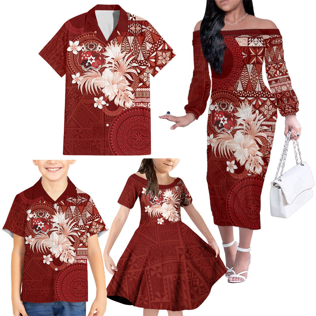 Tonga Ngatu Motifs Family Matching Off The Shoulder Long Sleeve Dress and Hawaiian Shirt With Coat Of Arms Red LT05 - Polynesian Pride