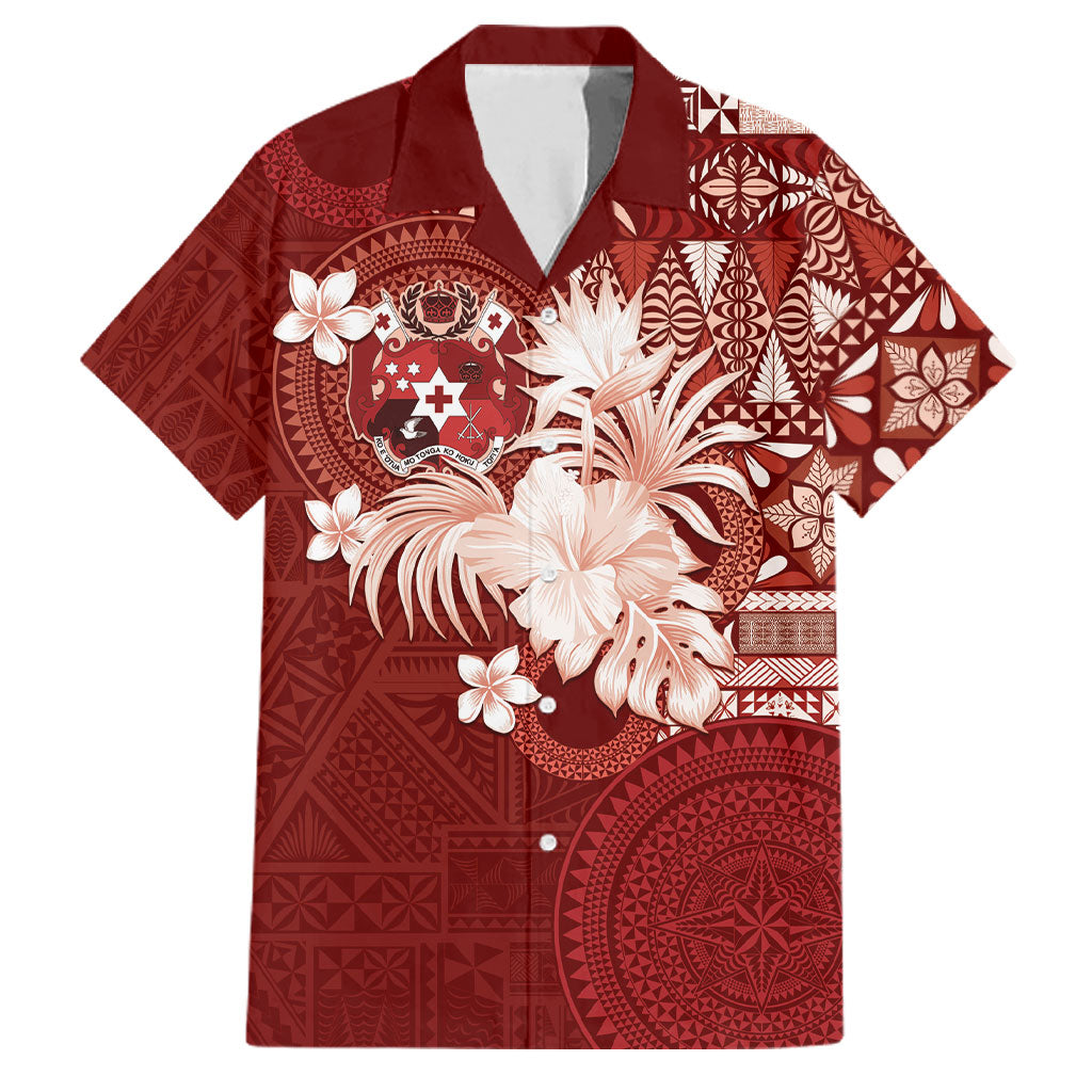 Tonga Ngatu Motifs Family Matching Off Shoulder Maxi Dress and Hawaiian Shirt With Coat Of Arms Red LT05 Dad's Shirt - Short Sleeve Red - Polynesian Pride