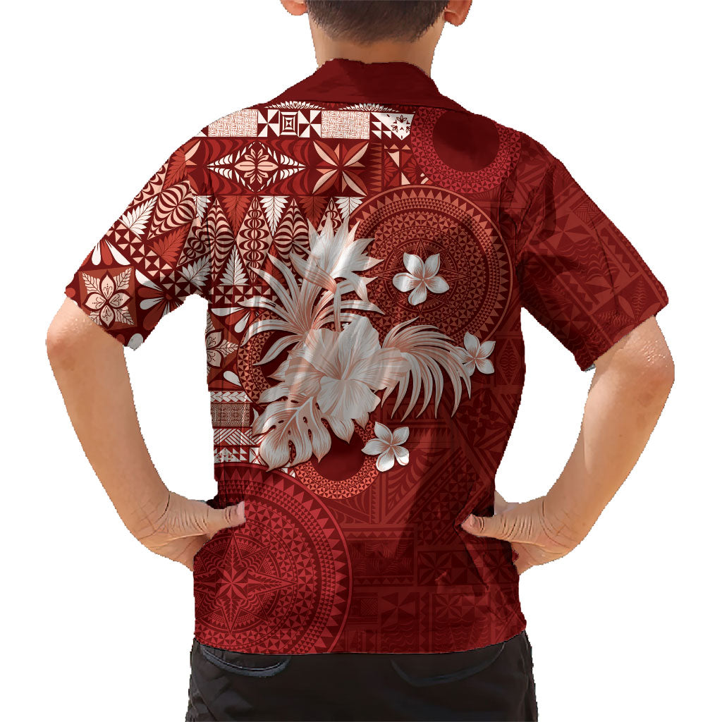Tonga Ngatu Motifs Family Matching Off Shoulder Short Dress and Hawaiian Shirt With Coat Of Arms Red LT05 - Polynesian Pride
