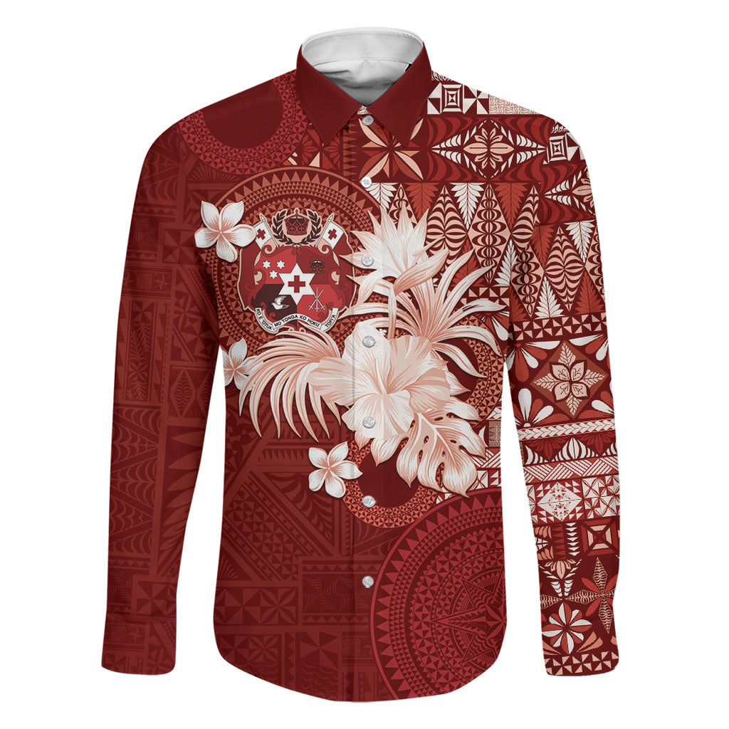 Tonga Ngatu Motifs Family Matching Off Shoulder Short Dress and Hawaiian Shirt With Coat Of Arms Red LT05 Dad's Shirt - Long Sleeve Red - Polynesian Pride