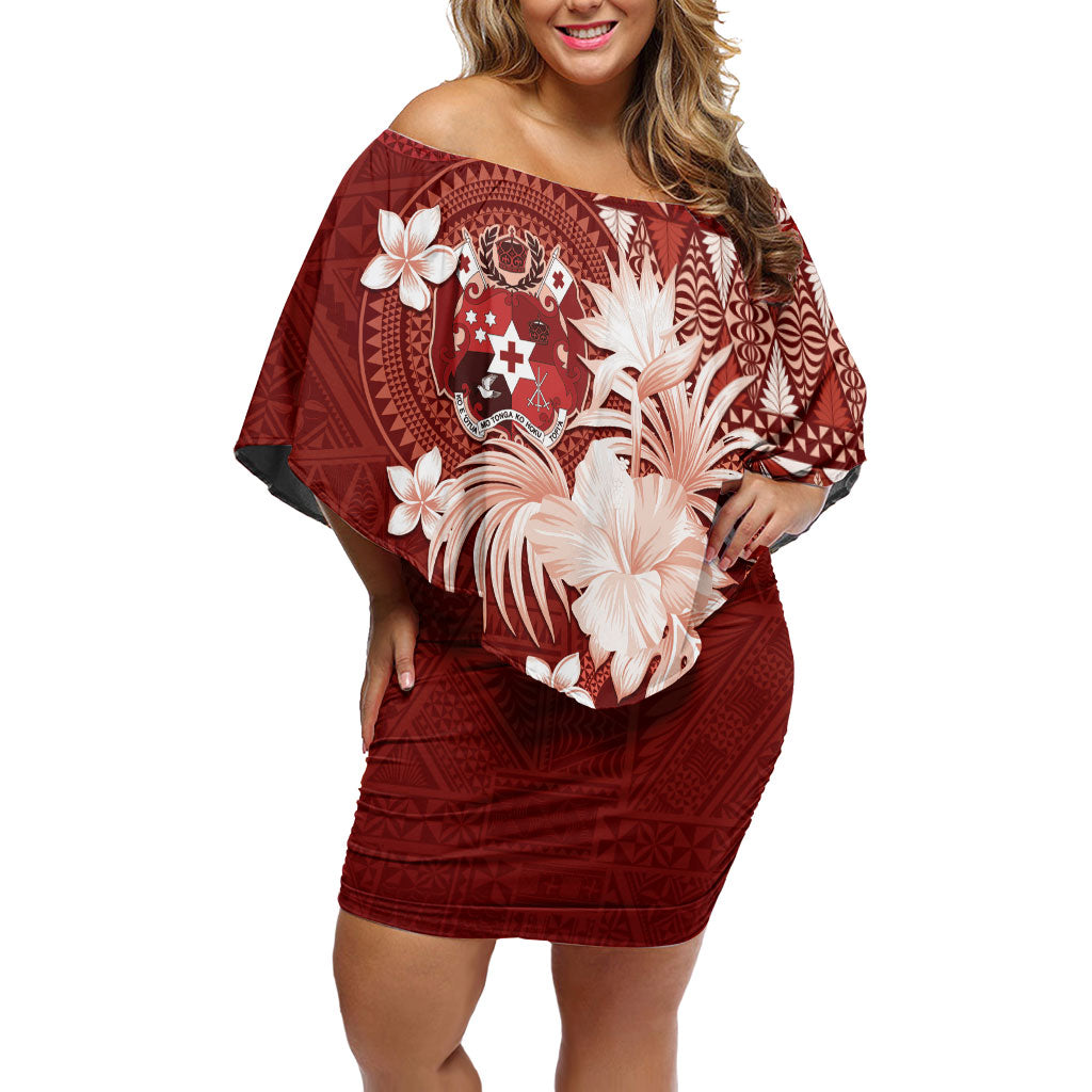 Tonga Ngatu Motifs Family Matching Off Shoulder Short Dress and Hawaiian Shirt With Coat Of Arms Red LT05 Mom's Dress Red - Polynesian Pride