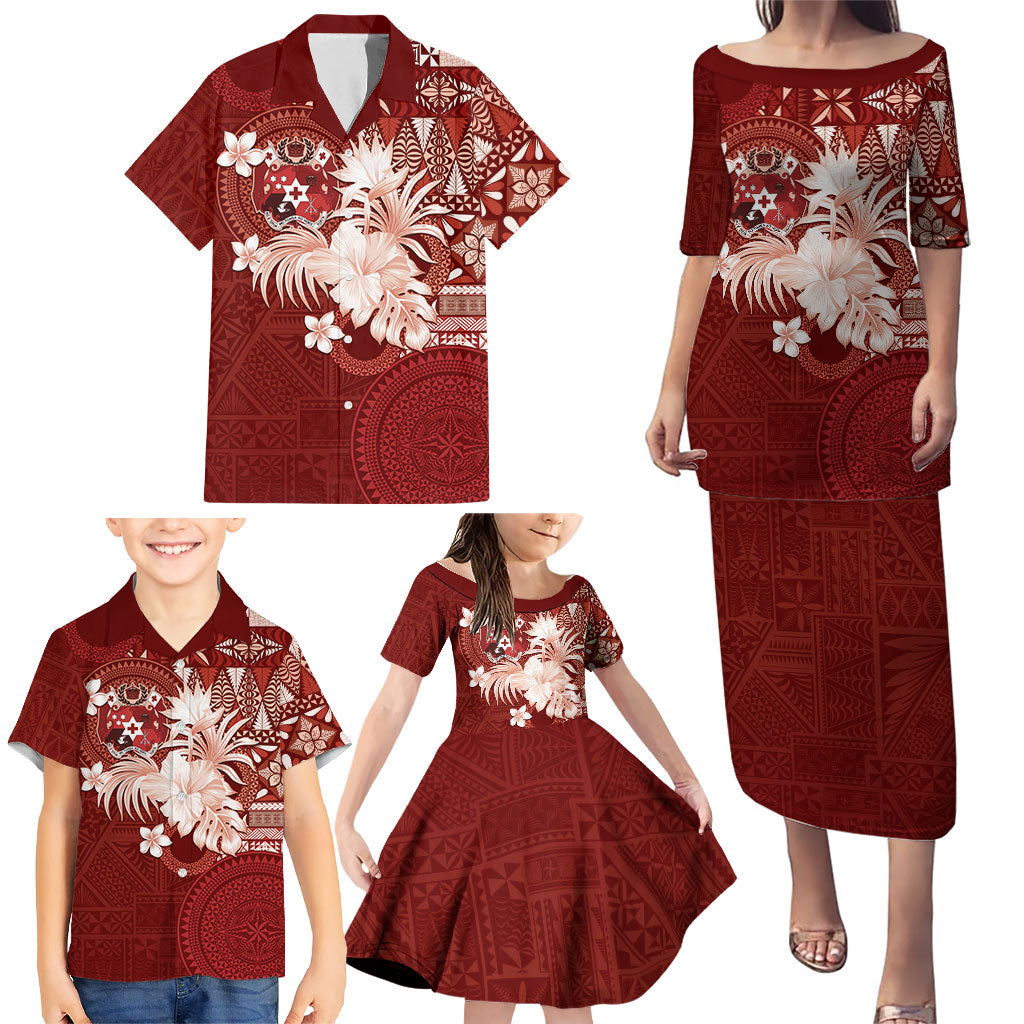 Tonga Ngatu Motifs Family Matching Puletasi and Hawaiian Shirt With Coat Of Arms Red LT05 - Polynesian Pride