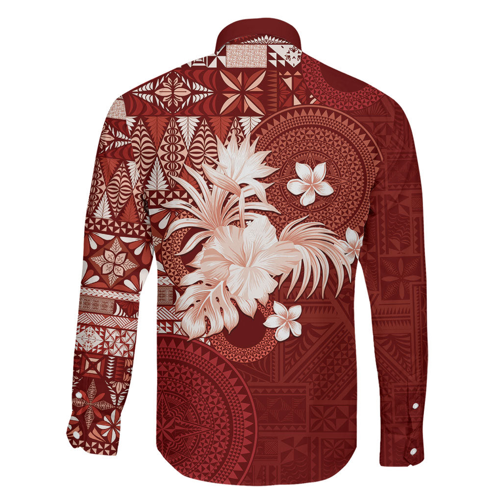 Tonga Ngatu Motifs Family Matching Puletasi and Hawaiian Shirt With Coat Of Arms Red LT05 - Polynesian Pride