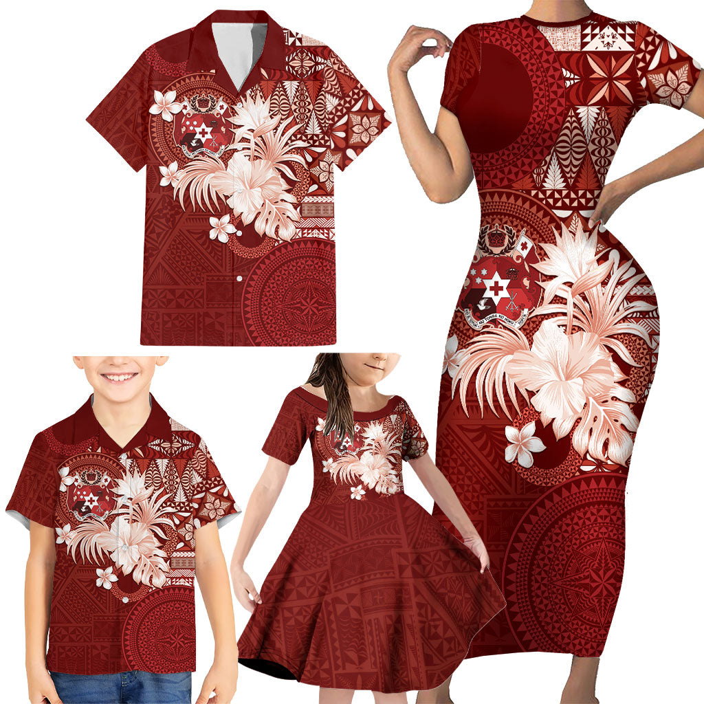 Tonga Ngatu Motifs Family Matching Short Sleeve Bodycon Dress and Hawaiian Shirt With Coat Of Arms Red