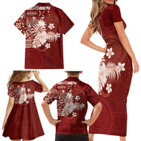 Tonga Ngatu Motifs Family Matching Short Sleeve Bodycon Dress and Hawaiian Shirt With Coat Of Arms Red LT05 - Polynesian Pride