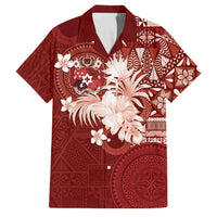 Tonga Ngatu Motifs Family Matching Short Sleeve Bodycon Dress and Hawaiian Shirt With Coat Of Arms Red LT05 Dad's Shirt - Short Sleeve Red - Polynesian Pride