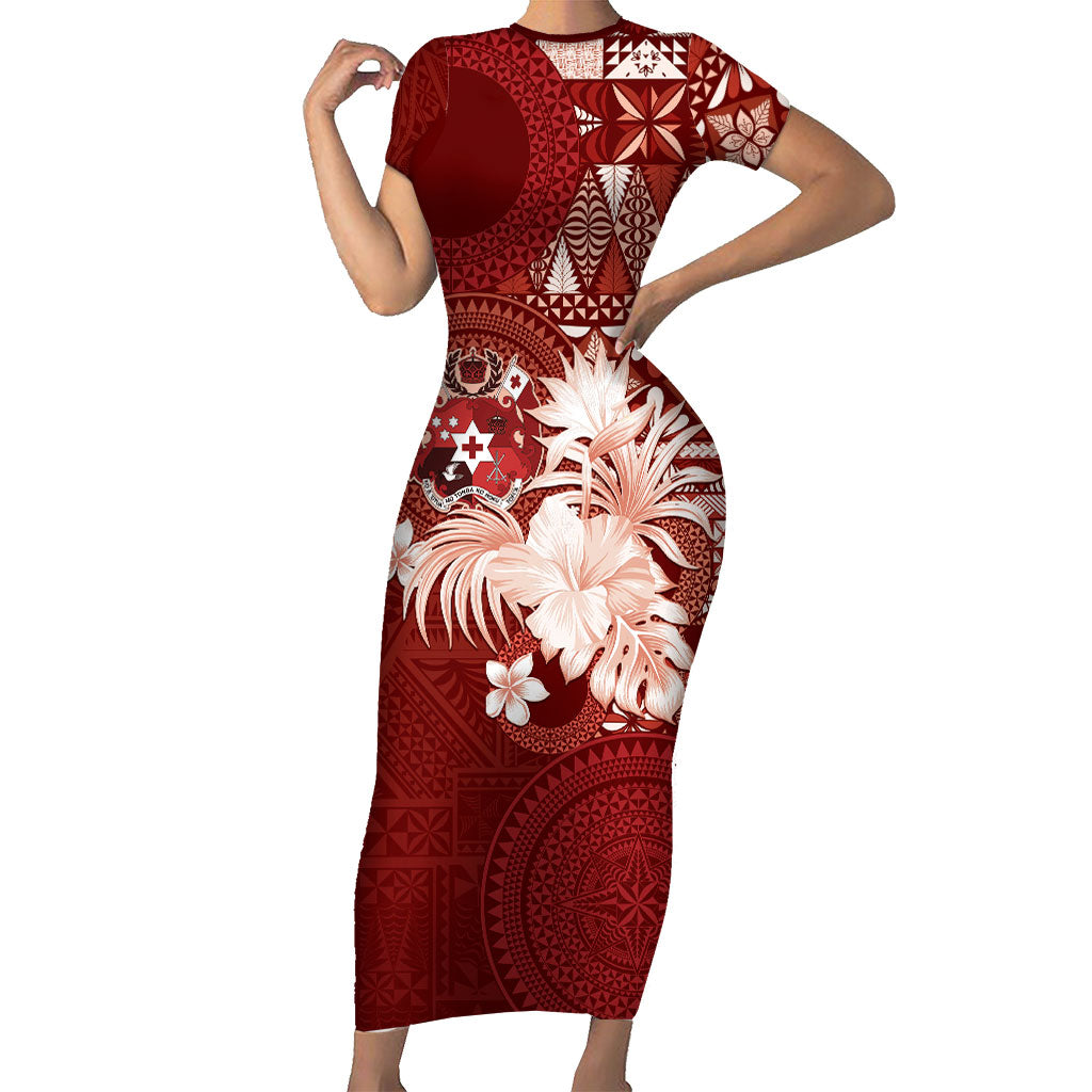Tonga Ngatu Motifs Family Matching Short Sleeve Bodycon Dress and Hawaiian Shirt With Coat Of Arms Red LT05 Mom's Dress Red - Polynesian Pride