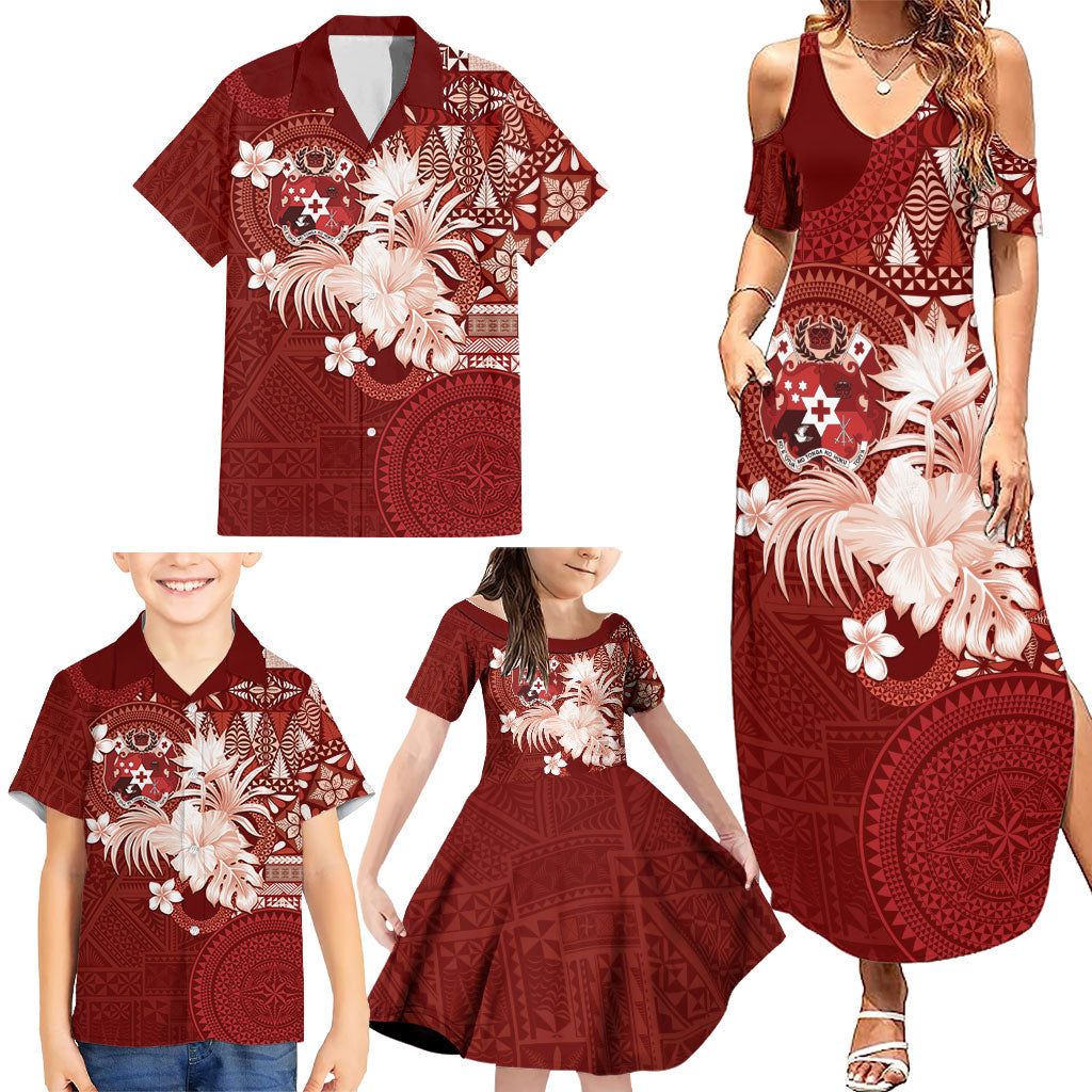 Tonga Ngatu Motifs Family Matching Summer Maxi Dress and Hawaiian Shirt With Coat Of Arms Red LT05 - Polynesian Pride