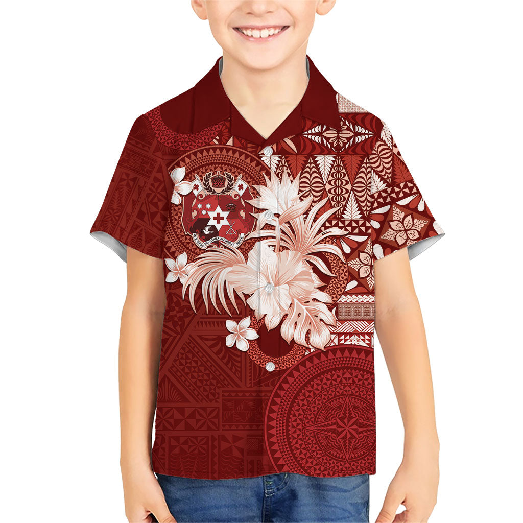 Tonga Ngatu Motifs Family Matching Summer Maxi Dress and Hawaiian Shirt With Coat Of Arms Red LT05 Son's Shirt Red - Polynesian Pride