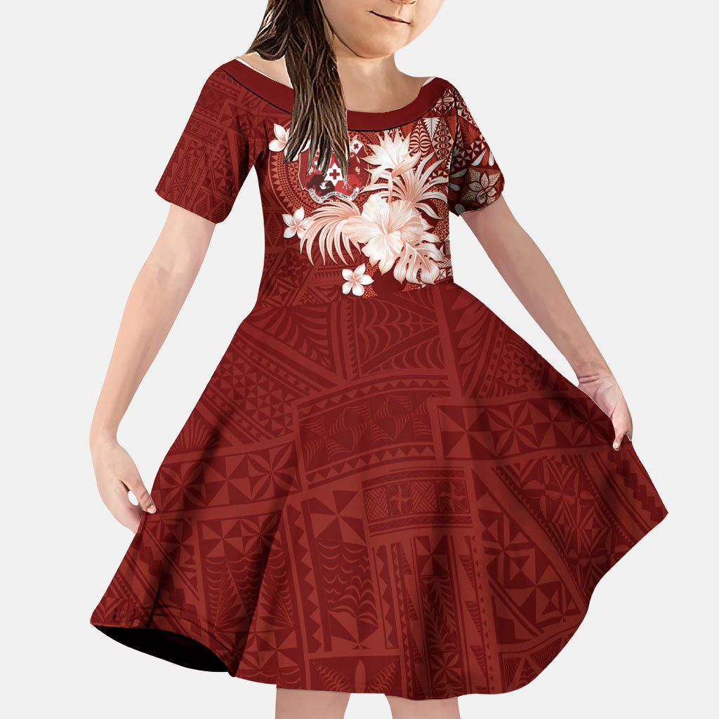 Tonga Ngatu Motifs Family Matching Tank Maxi Dress and Hawaiian Shirt With Coat Of Arms Red LT05 Daughter's Dress Red - Polynesian Pride