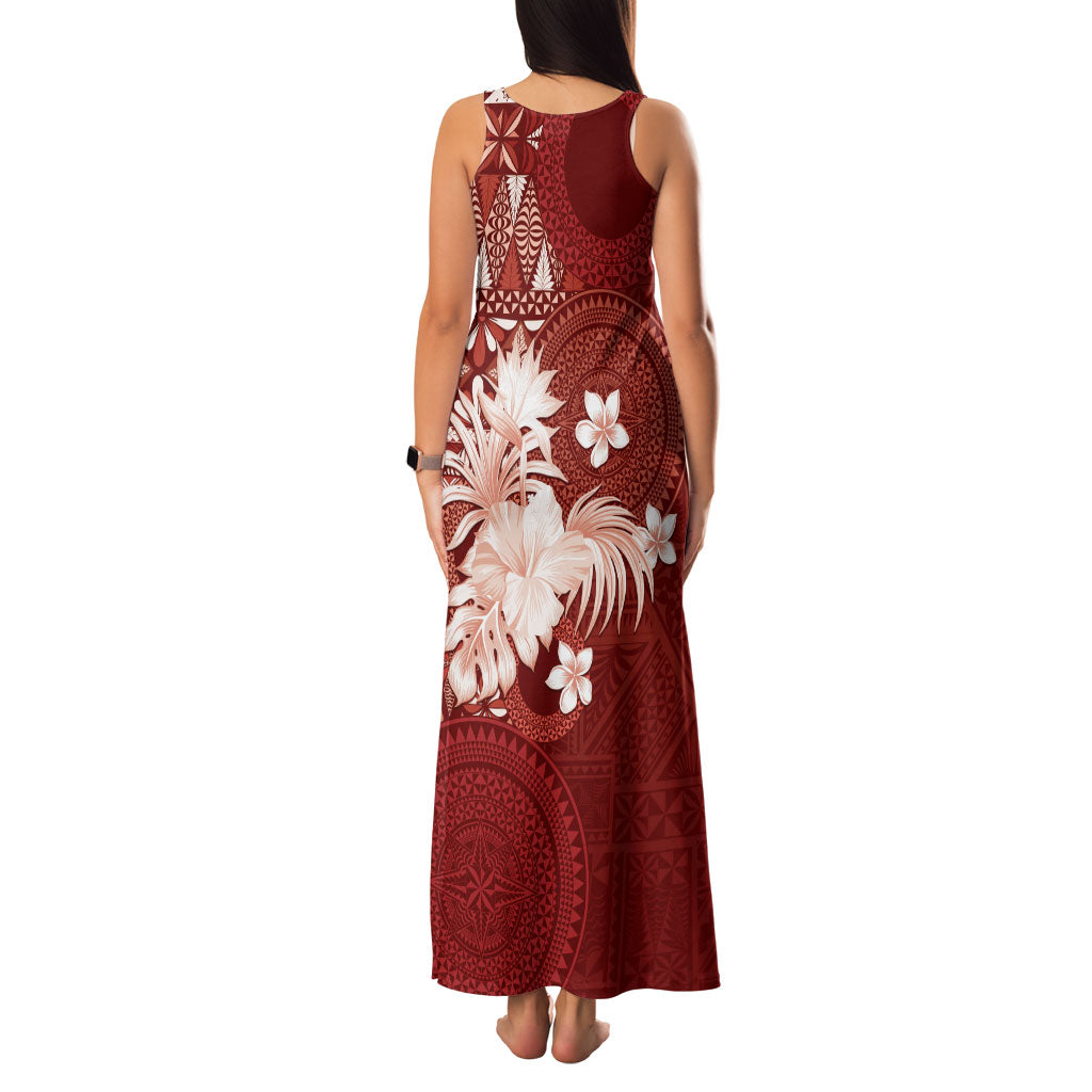 Tonga Ngatu Motifs Family Matching Tank Maxi Dress and Hawaiian Shirt With Coat Of Arms Red LT05 - Polynesian Pride