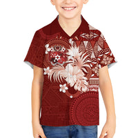 Tonga Ngatu Motifs Family Matching Tank Maxi Dress and Hawaiian Shirt With Coat Of Arms Red LT05 Son's Shirt Red - Polynesian Pride
