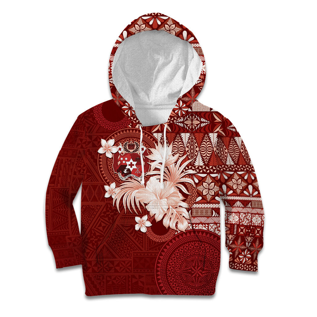 Tonga Ngatu Motifs Kid Hoodie With Coat Of Arms Red