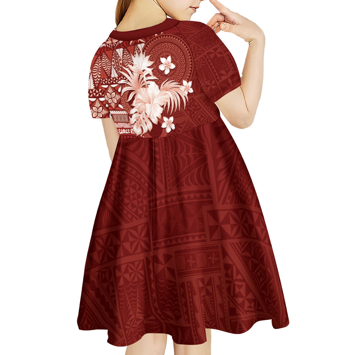 Tonga Ngatu Motifs Kid Short Sleeve Dress With Coat Of Arms Red