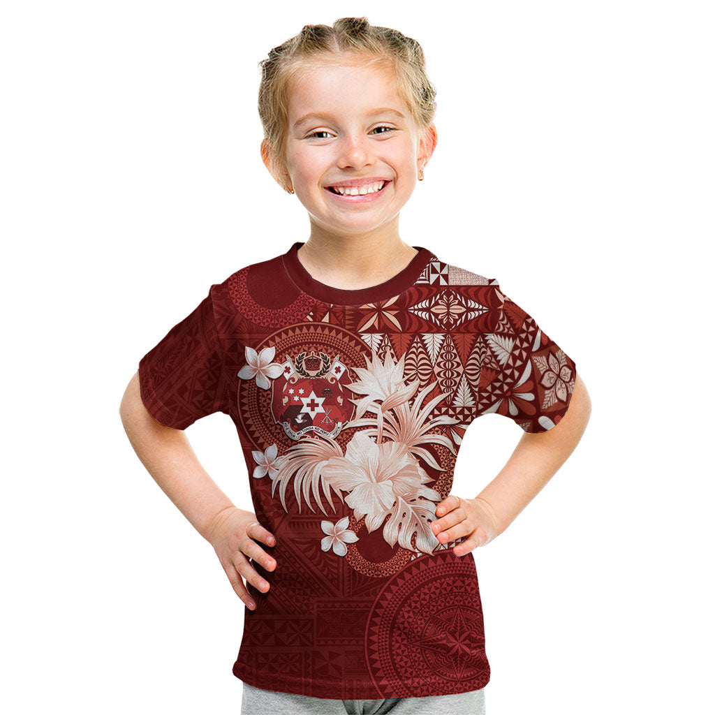 Tonga Ngatu Motifs Kid T Shirt With Coat Of Arms Red