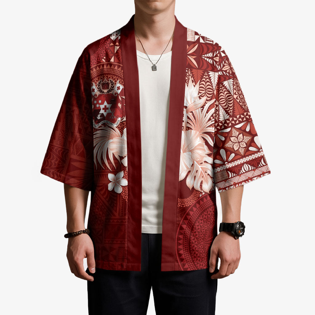 Tonga Ngatu Motifs Kimono With Coat Of Arms Red