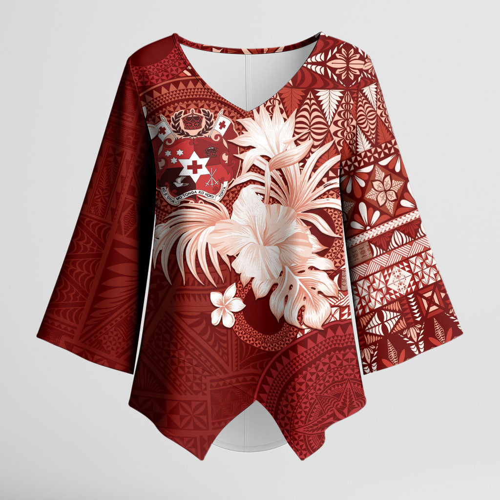 Tonga Ngatu Motifs Kimono Sleeve Blouse With Coat Of Arms Red