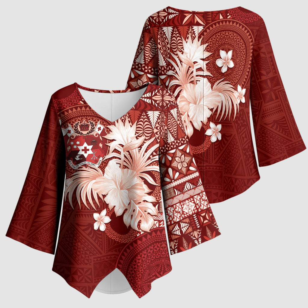 Tonga Ngatu Motifs Kimono Sleeve Blouse With Coat Of Arms Red