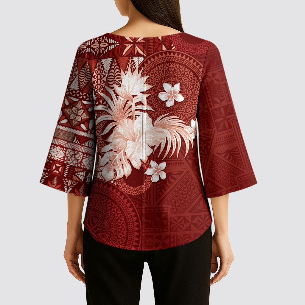 Tonga Ngatu Motifs Kimono Sleeve Blouse With Coat Of Arms Red
