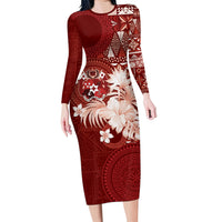 Tonga Ngatu Motifs Long Sleeve Bodycon Dress With Coat Of Arms Red