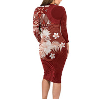 Tonga Ngatu Motifs Long Sleeve Bodycon Dress With Coat Of Arms Red