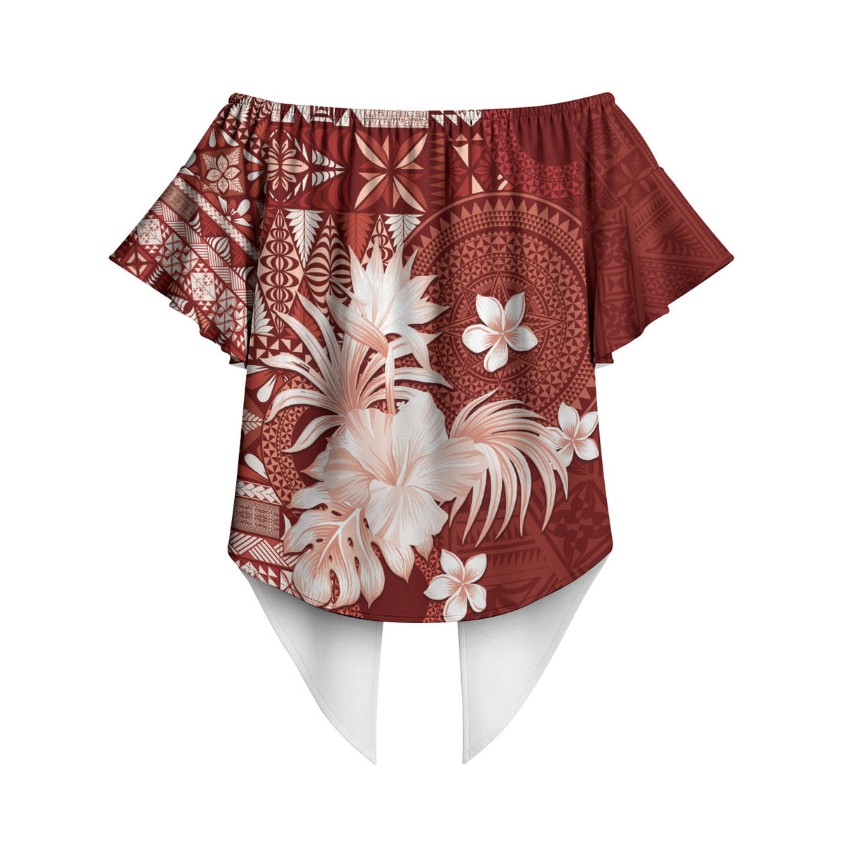 Tonga Ngatu Motifs Off Shoulder Wrap Waist Top With Coat Of Arms Red LT05 - Polynesian Pride