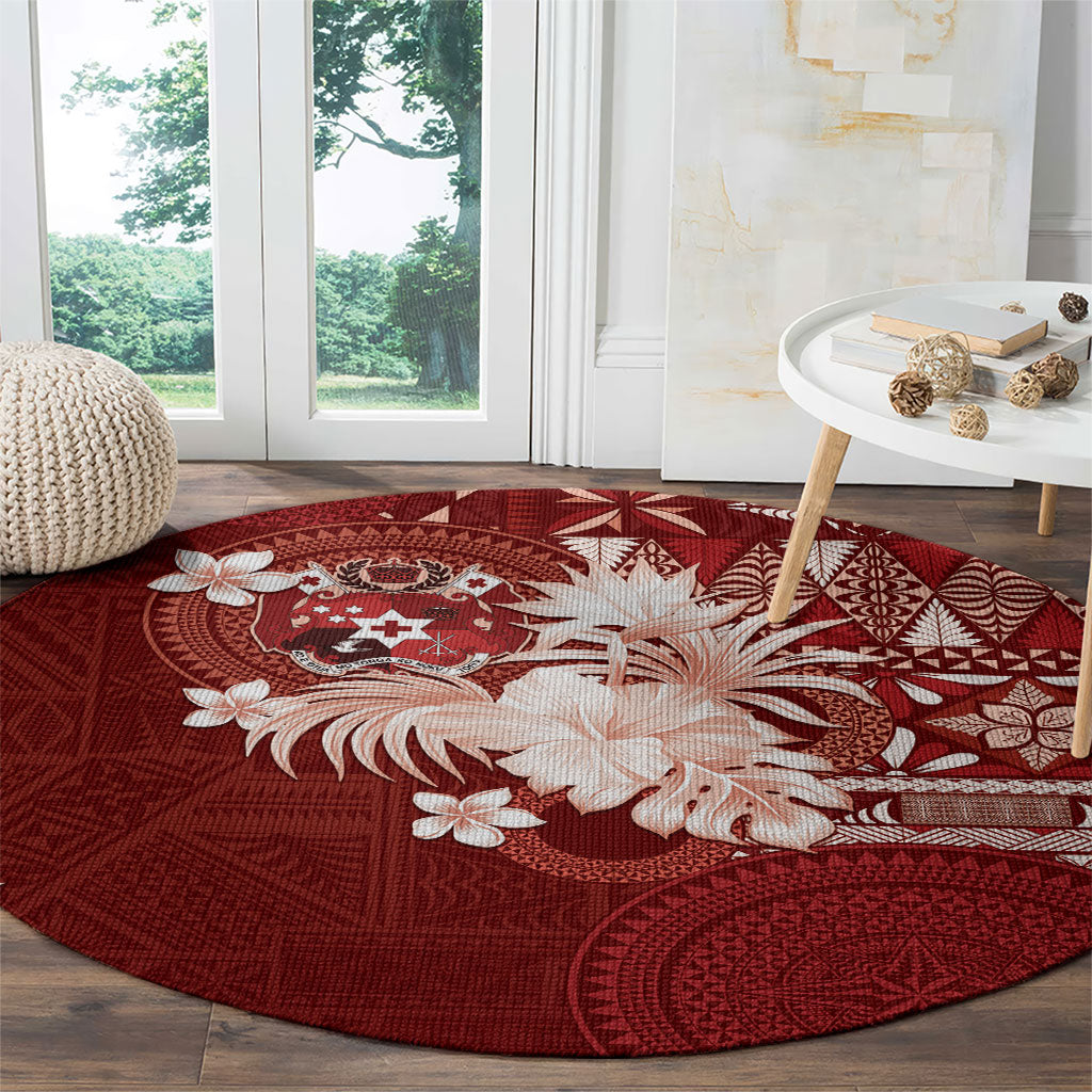 Tonga Ngatu Motifs Round Carpet With Coat Of Arms Red