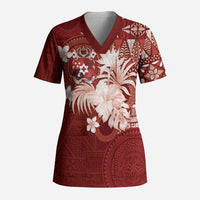 Tonga Ngatu Motifs Scrub Top With Coat Of Arms Red
