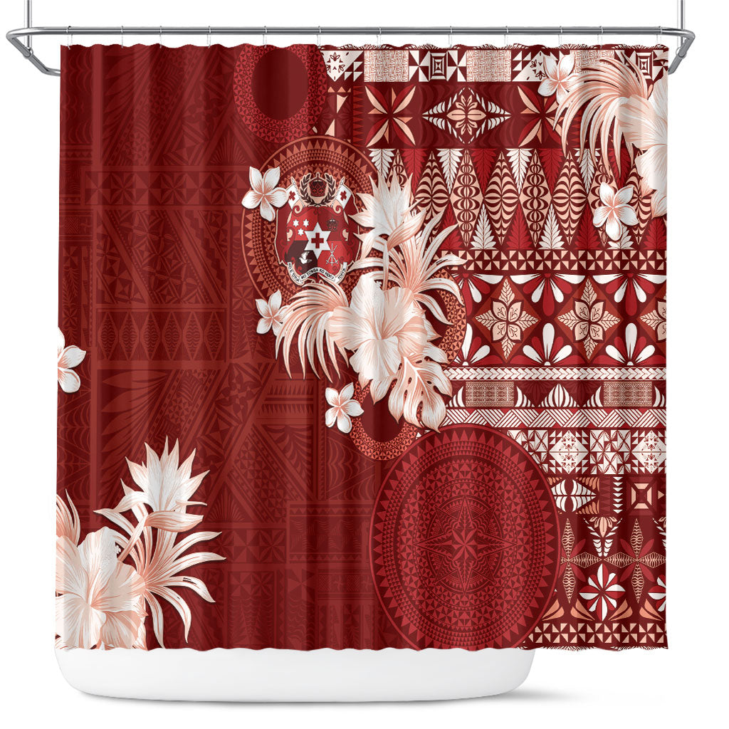 Tonga Ngatu Motifs Shower Curtain With Coat Of Arms Red