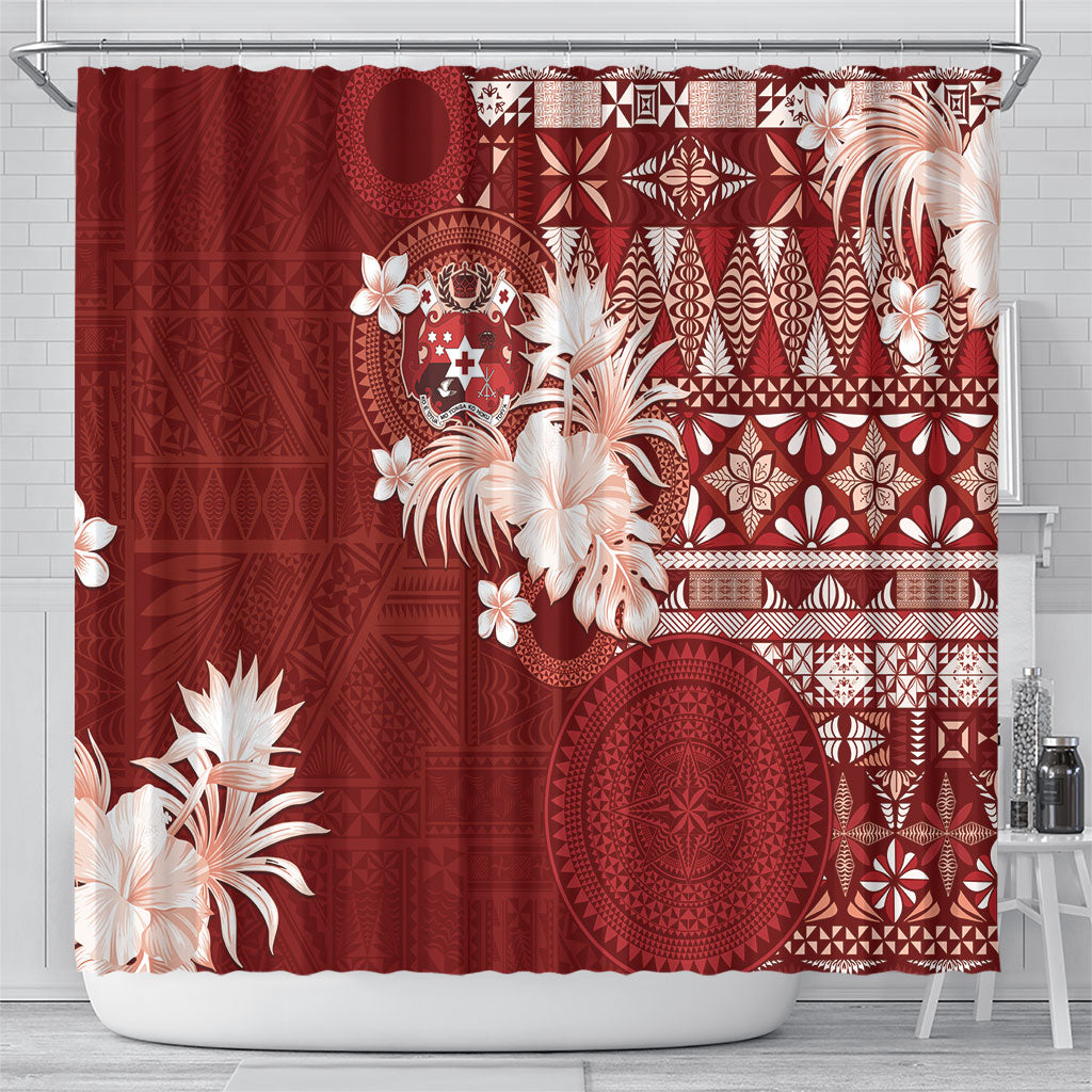 Tonga Ngatu Motifs Shower Curtain With Coat Of Arms Red