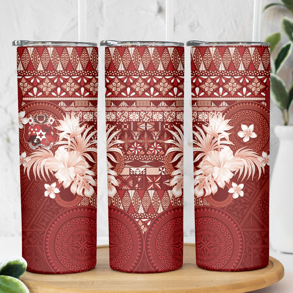 Tonga Ngatu Motifs Skinny Tumbler With Coat Of Arms Red