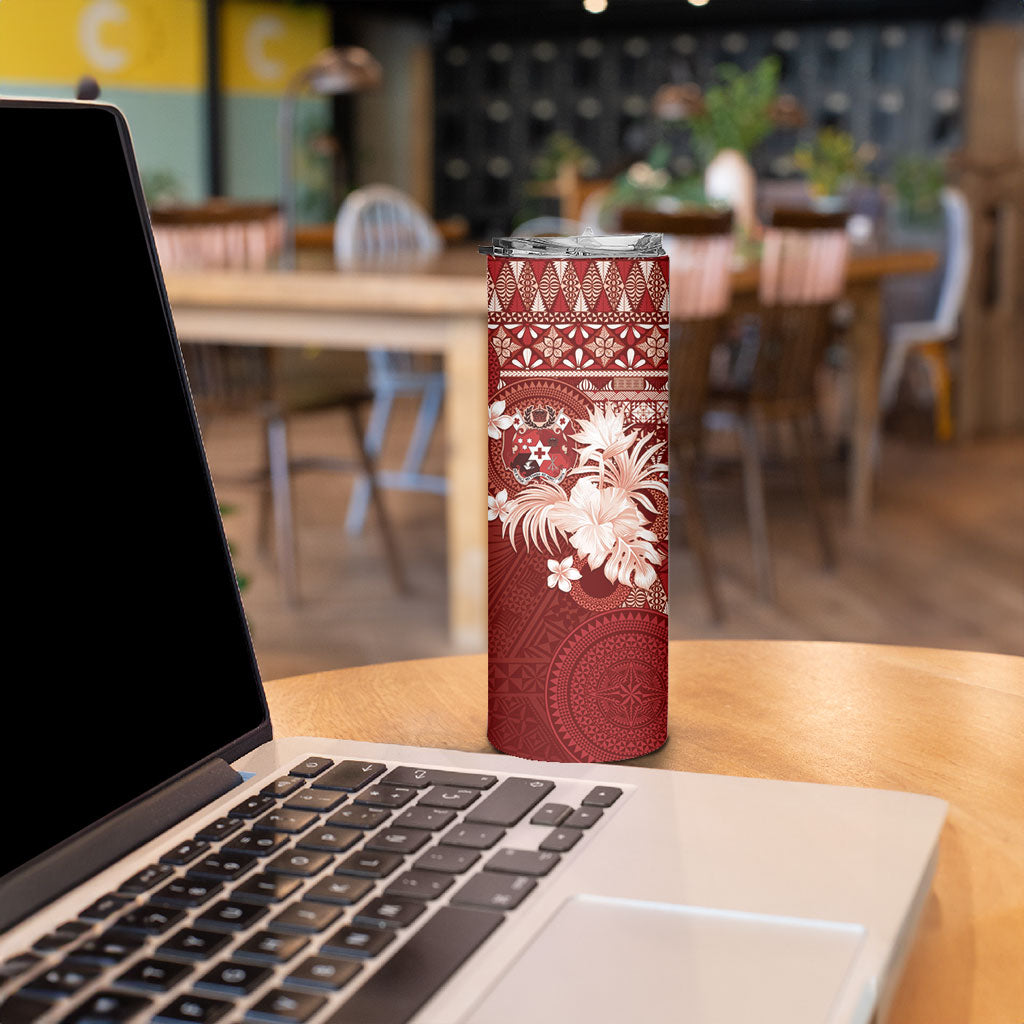 Tonga Ngatu Motifs Skinny Tumbler With Coat Of Arms Red