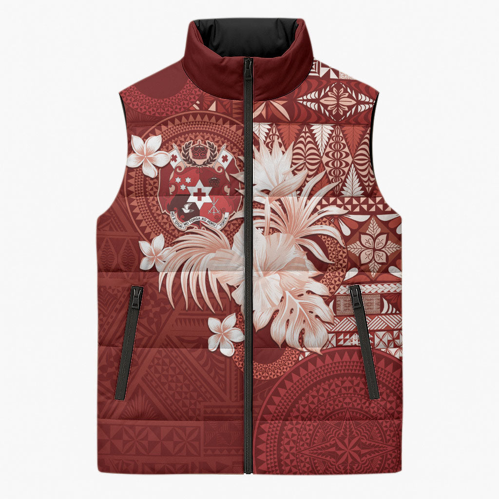 Tonga Ngatu Motifs Sleeveless Puffer Jacket With Coat Of Arms Red