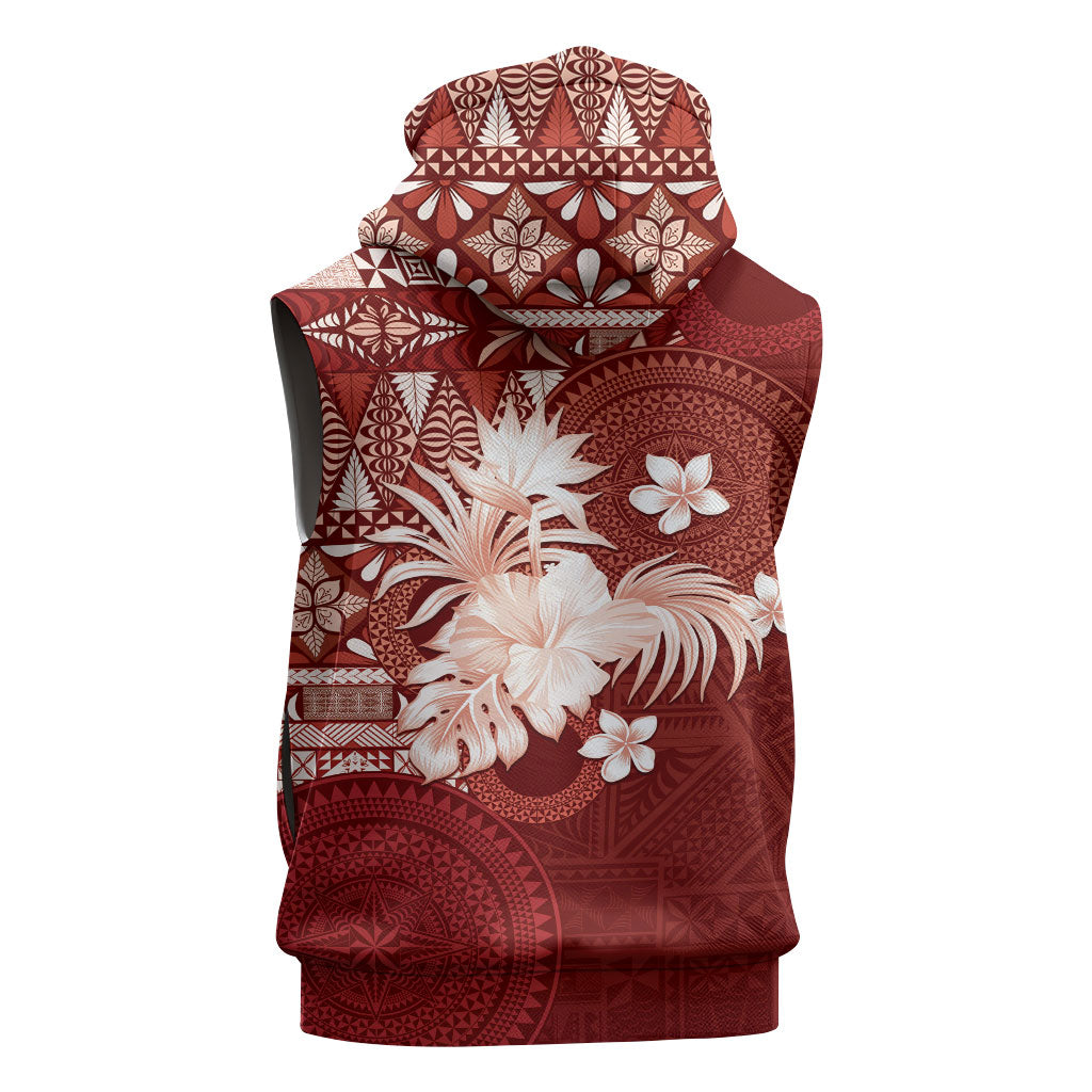 Tonga Ngatu Motifs Sleeveless Zip Hoodie With Coat Of Arms Red