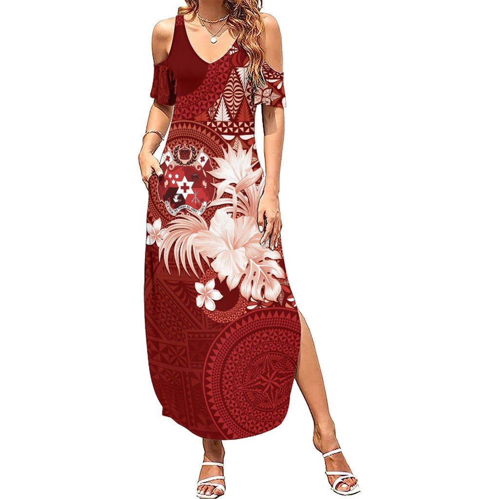 Tonga Ngatu Motifs Summer Maxi Dress With Coat Of Arms Red
