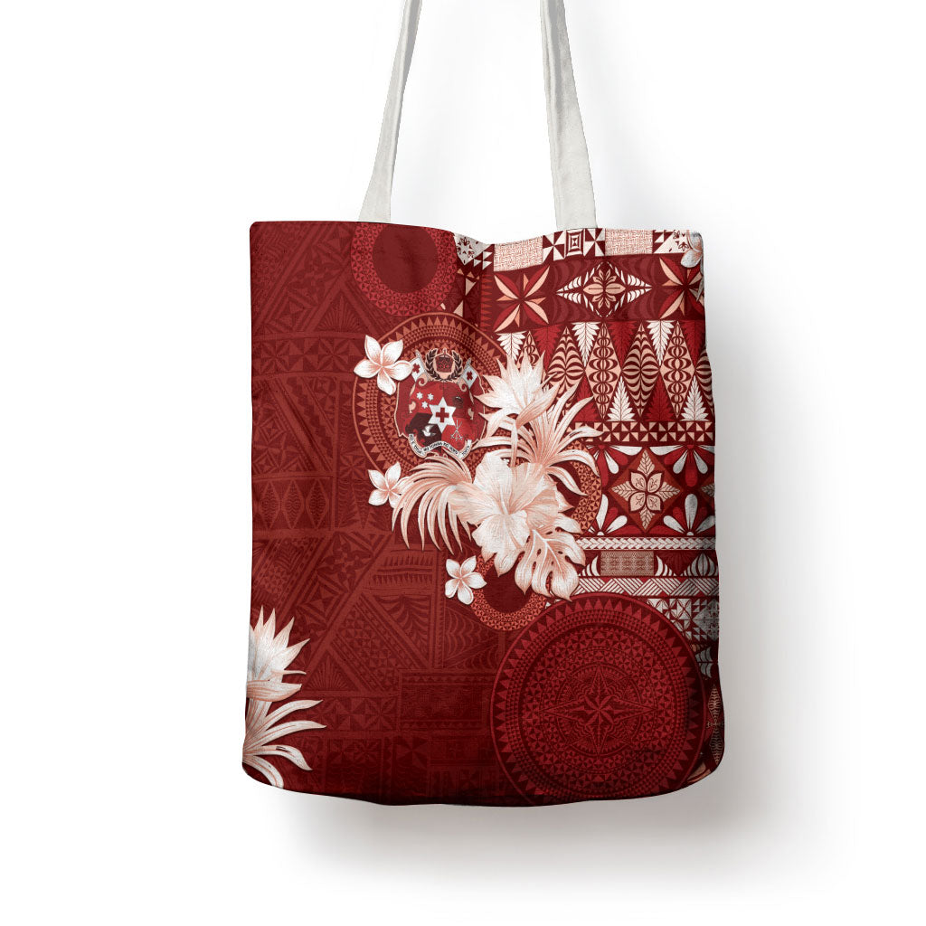 Tonga Ngatu Motifs Tote Bag With Coat Of Arms Red