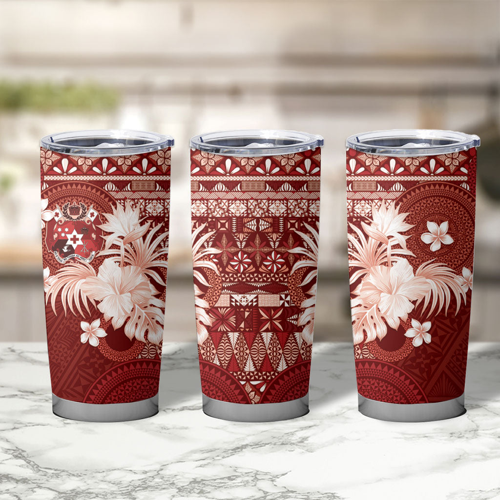 Tonga Ngatu Motifs Tumbler Cup With Coat Of Arms Red