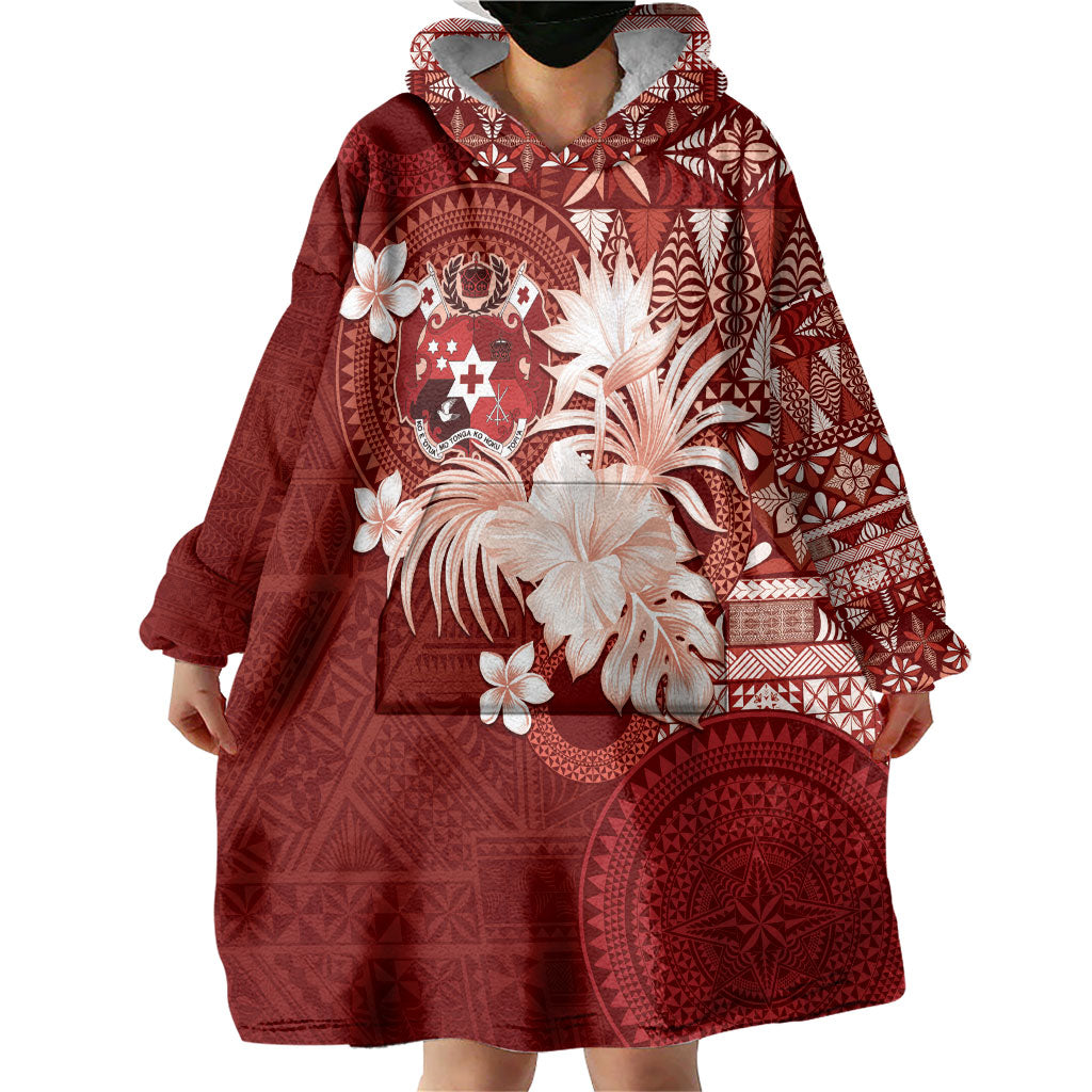 Tonga Ngatu Motifs Wearable Blanket Hoodie With Coat Of Arms Red
