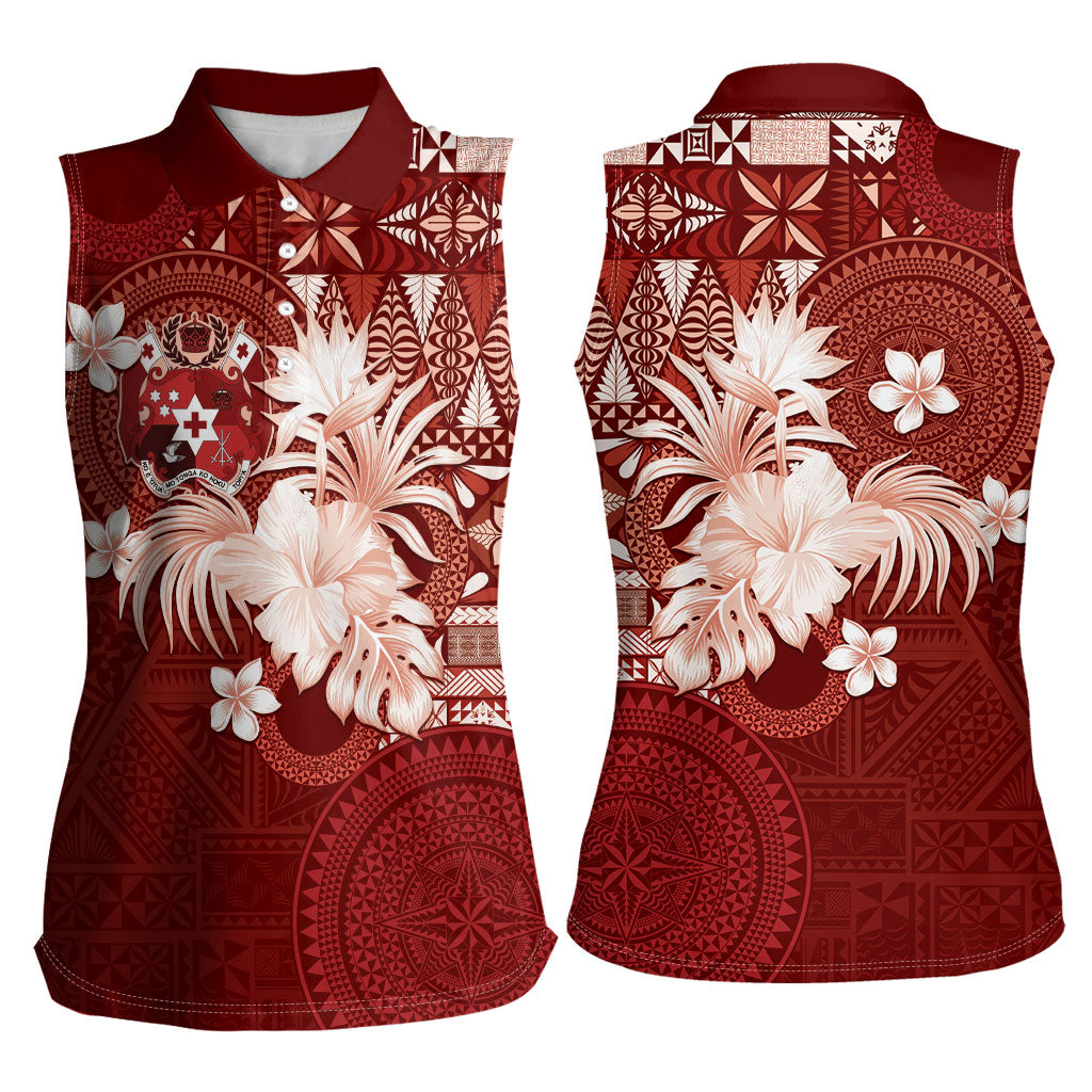 Tonga Ngatu Motifs Women Sleeveless Polo Shirt With Coat Of Arms Red