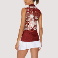 Tonga Ngatu Motifs Women Sleeveless Polo Shirt With Coat Of Arms Red