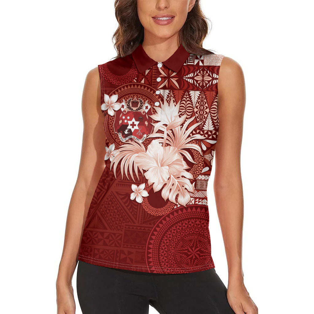 Tonga Ngatu Motifs Women Sleeveless Polo Shirt With Coat Of Arms Red