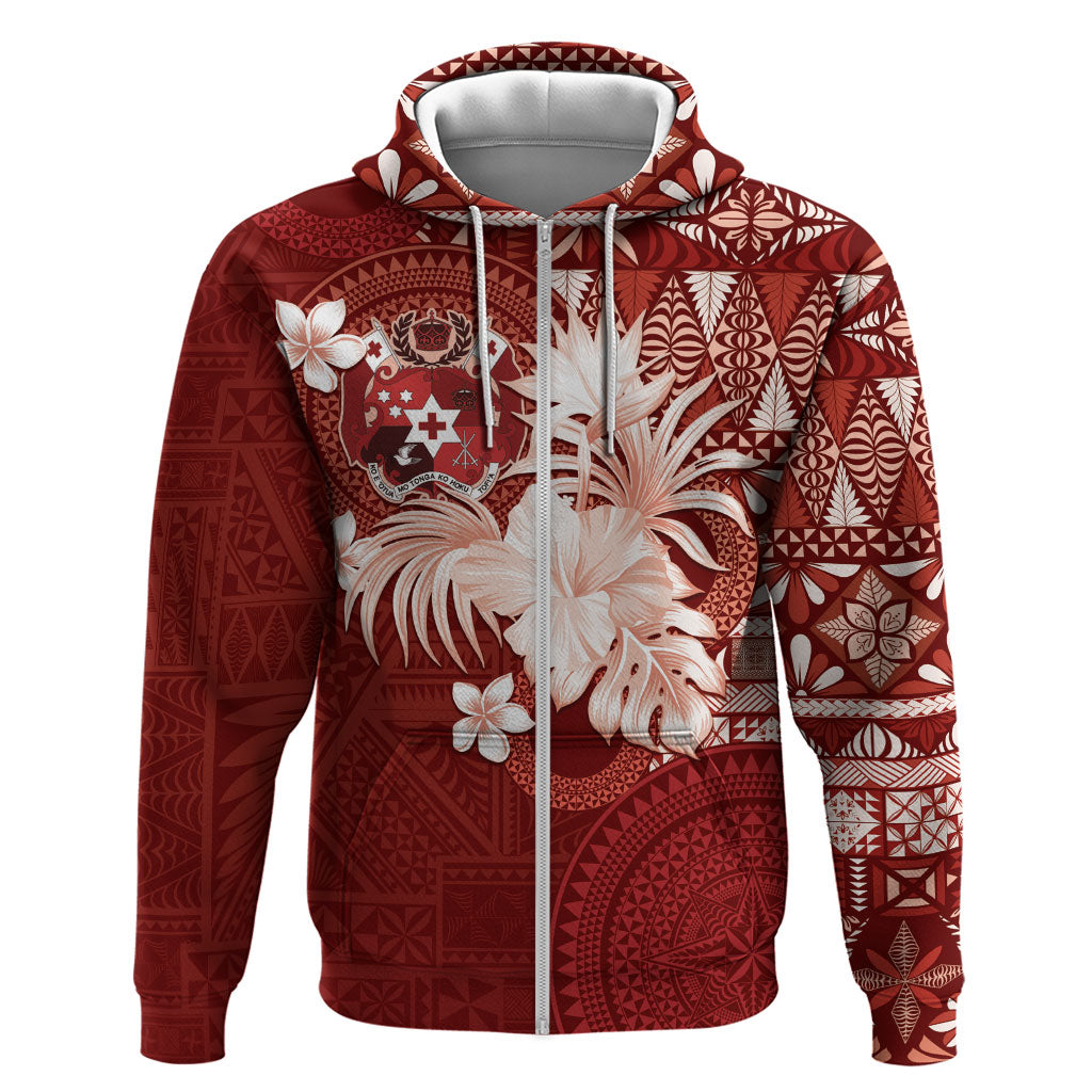 Tonga Ngatu Motifs Zip Hoodie With Coat Of Arms Red