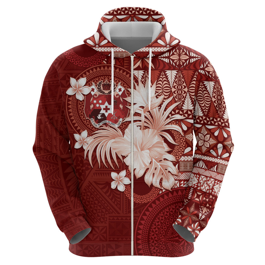 Tonga Ngatu Motifs Zip Hoodie With Coat Of Arms Red