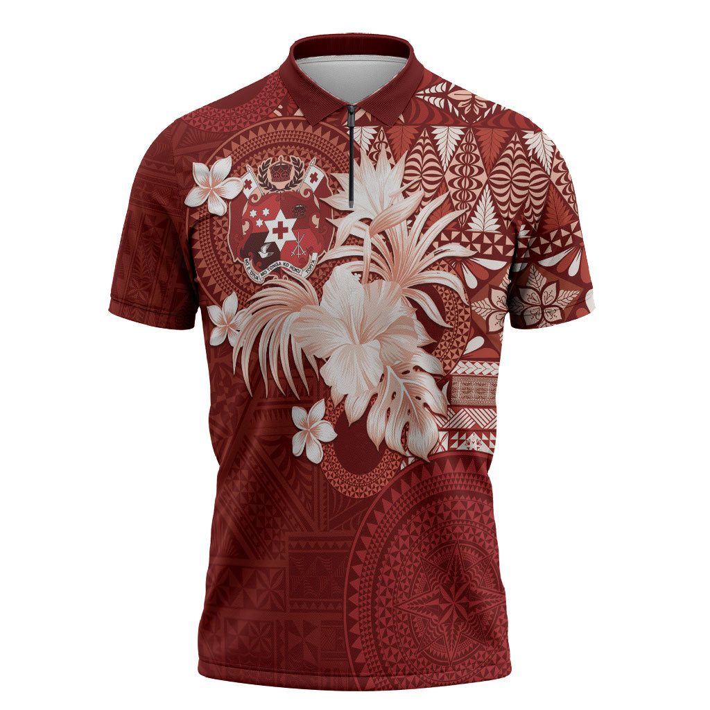 Tonga Ngatu Motifs Zipper Polo Shirt With Coat Of Arms Red