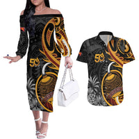 Personalised Papua New Guinea Couples Matching Off The Shoulder Long Sleeve Dress and Hawaiian Shirt Happy 50th Independence Anniversary LT05 Black - Polynesian Pride