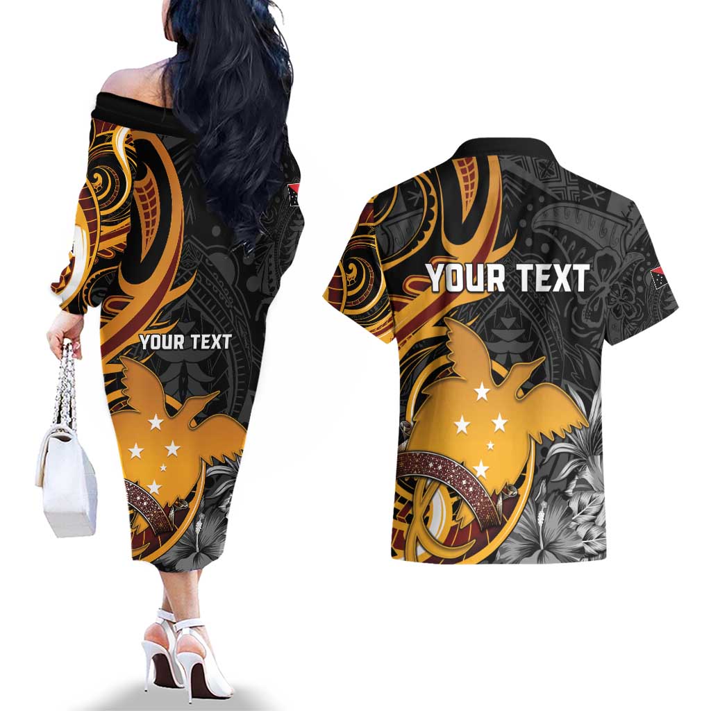 Personalised Papua New Guinea Couples Matching Off The Shoulder Long Sleeve Dress and Hawaiian Shirt Happy 50th Independence Anniversary LT05 - Polynesian Pride