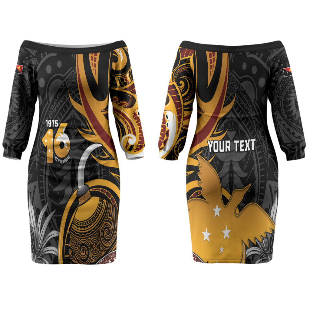 Personalised Papua New Guinea Couples Matching Off The Shoulder Long Sleeve Dress and Long Sleeve Button Shirt Happy Independence Day LT05 - Polynesian Pride