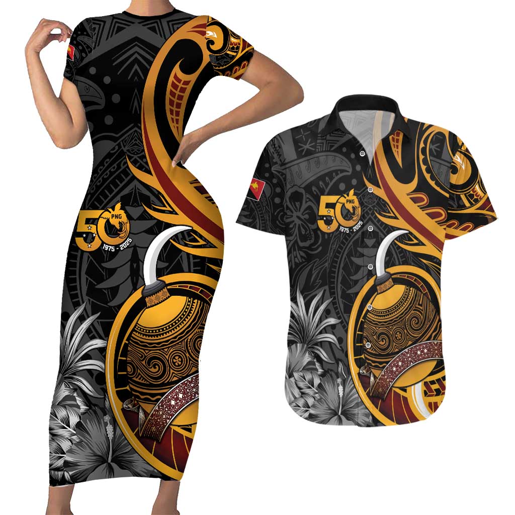 Personalised Papua New Guinea Couples Matching Short Sleeve Bodycon Dress and Hawaiian Shirt Happy 50th Independence Anniversary LT05 Black - Polynesian Pride