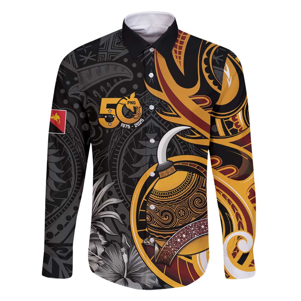Personalised Papua New Guinea Family Matching Mermaid Dress and Hawaiian Shirt Happy 50th Independence Anniversary LT05 Dad's Shirt - Long Sleeve Black - Polynesian Pride